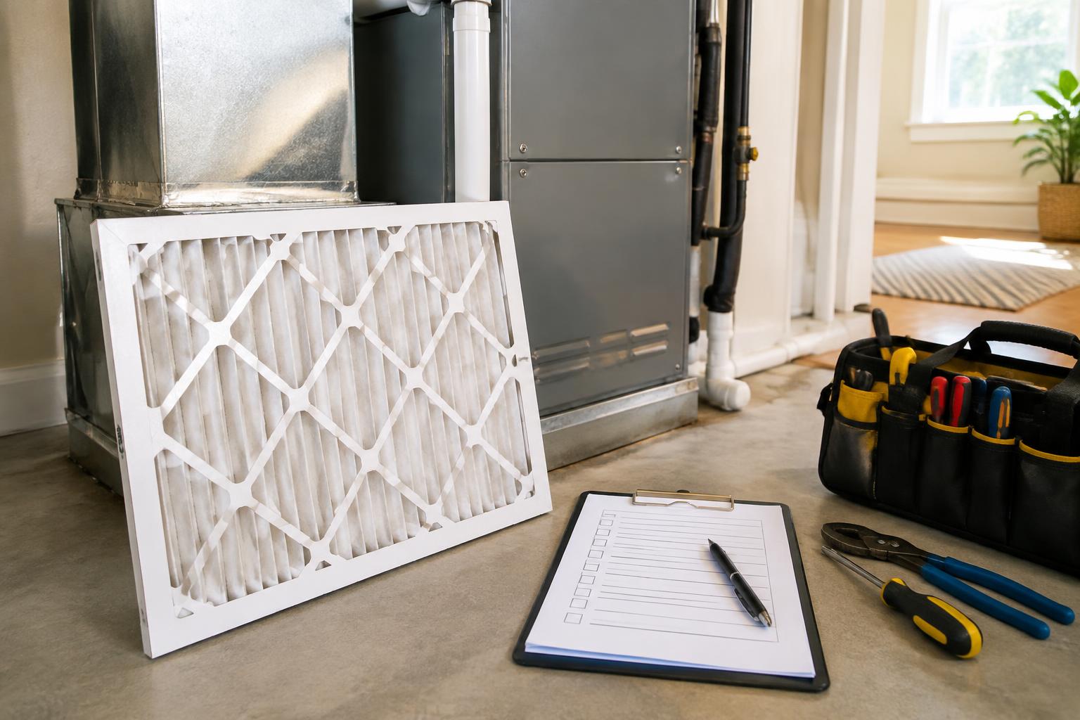 Fresh HVAC filter, checklist, and maintenance tools beside an air handler