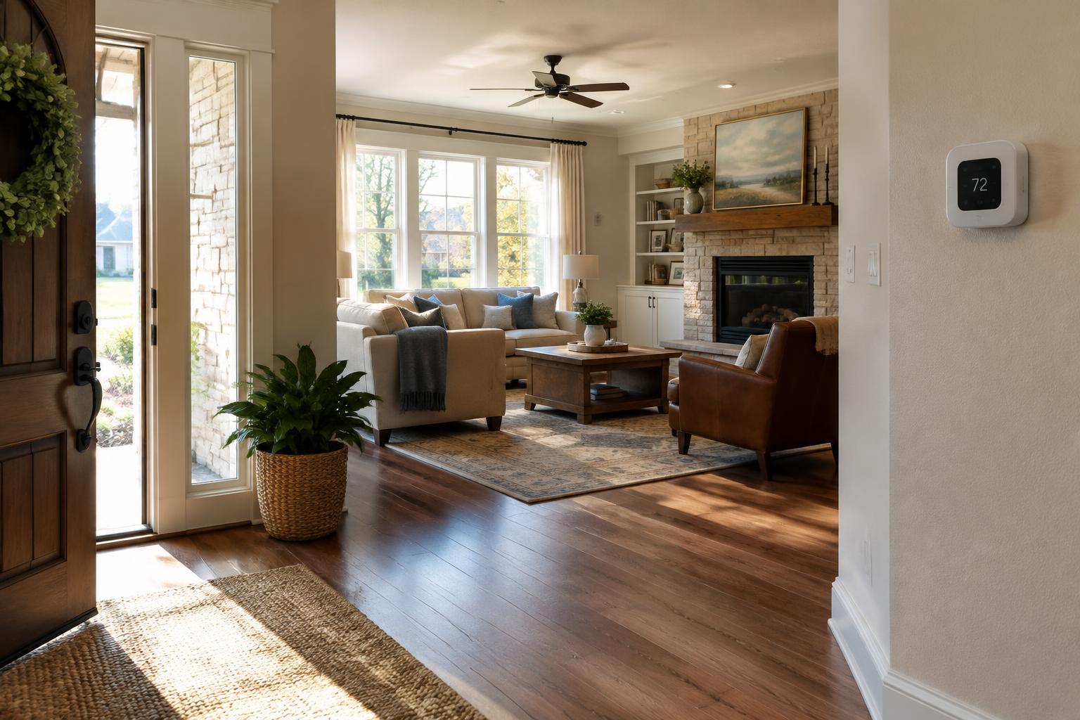 Comfortable north DFW living room with a wall thermostat